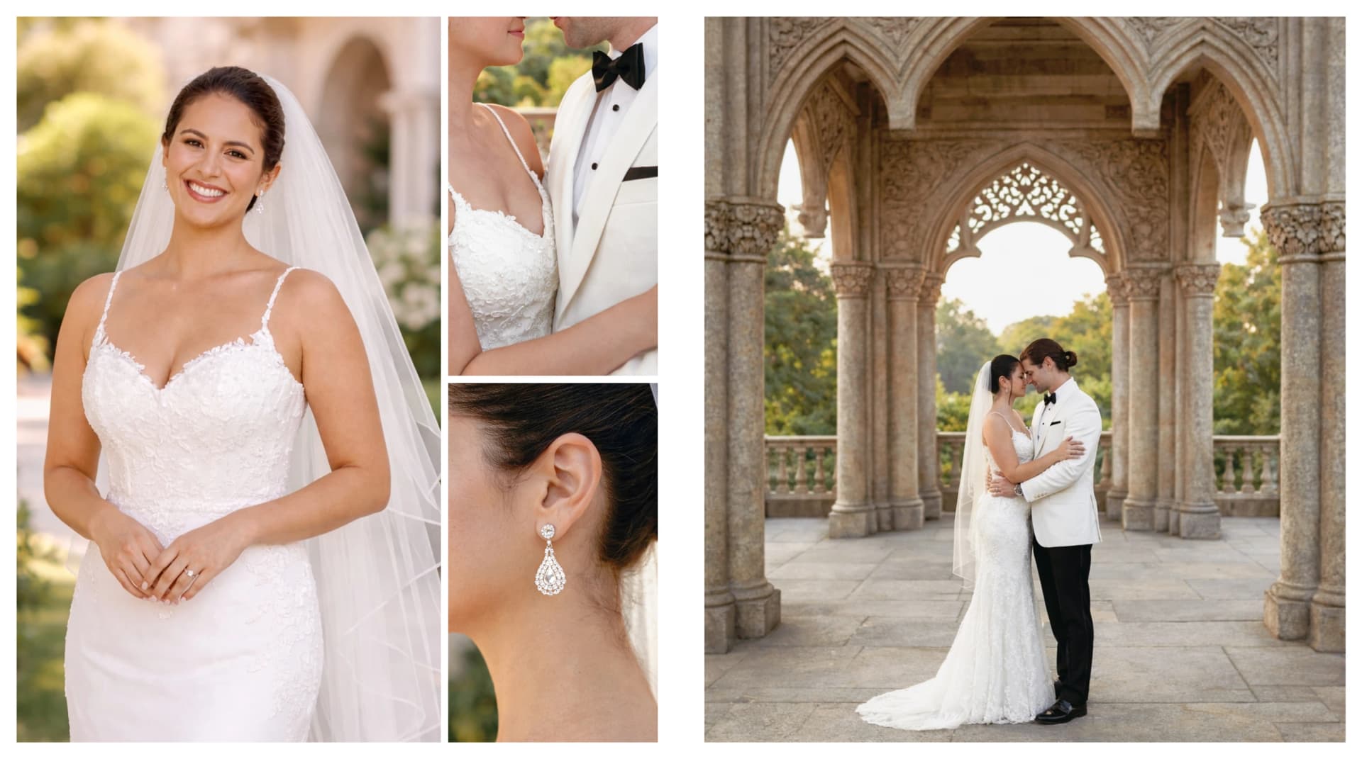 Open wedding album showing a professionally designed bridal spread