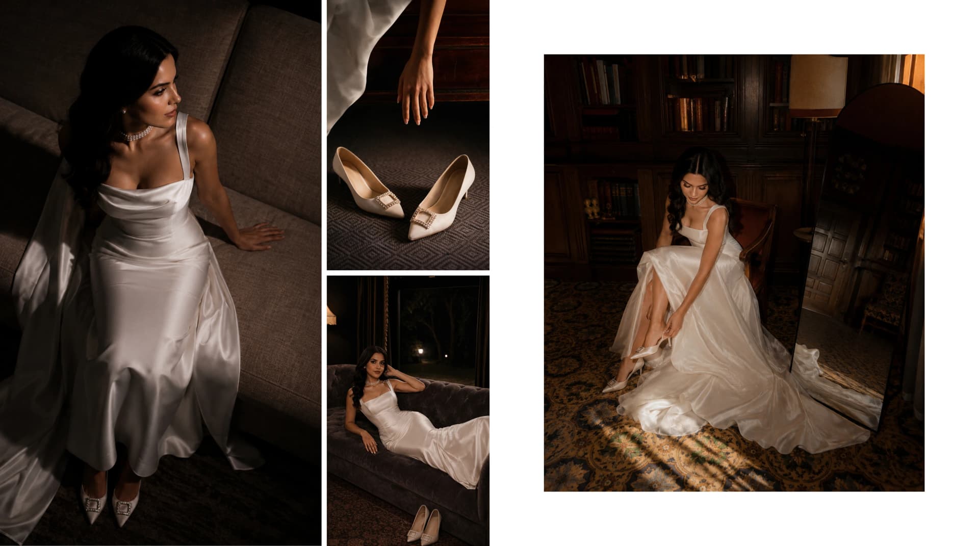 Editorial wedding album spread with evening bridal portraits