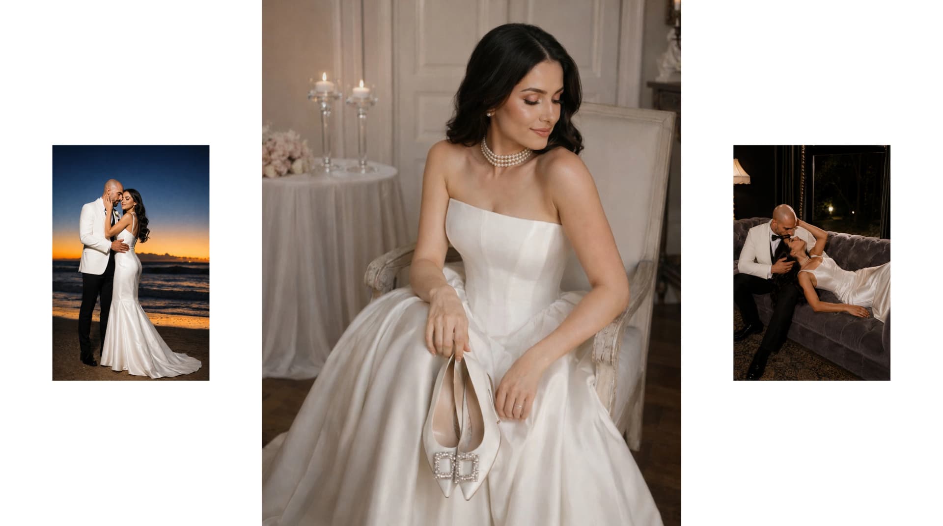 Wedding album spread with elegant bridal portraits