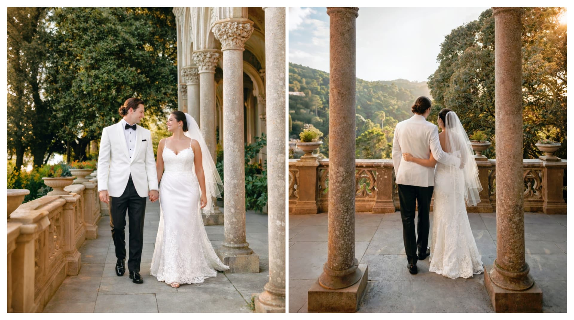 Elegant luxury wedding setup on a cliff overlooking the Atlantic Ocean in Algarve, Portugal, at sunset.